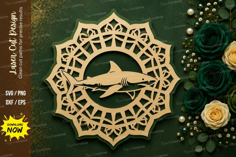 Mandala Shark Round Laser Cut SVG Design mandala shark svg,