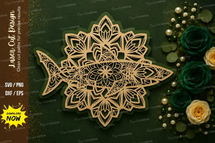 Mandala Shark Floral Laser Cut SVG Design mandala shark svg,