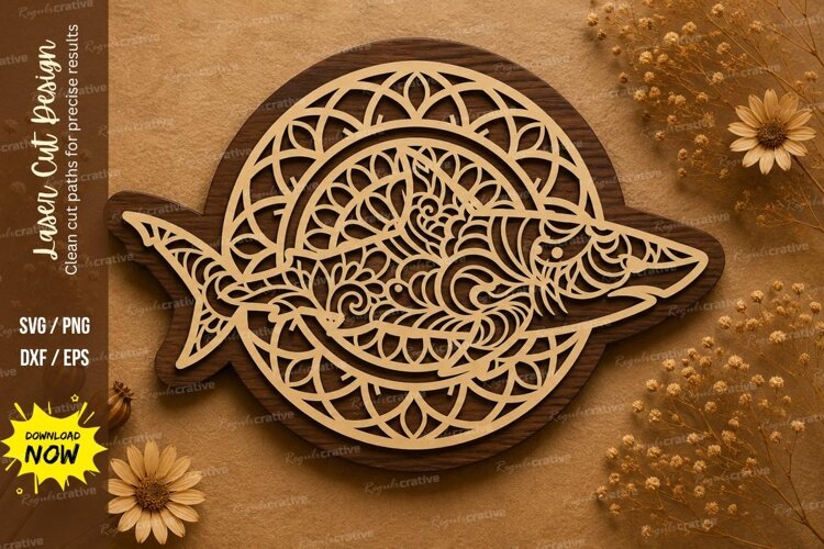 Round Mandala Shark Laser Cut SVG Design round shark svg example image 1