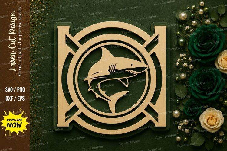 Round Shark Emblem Laser Cut SVG Design round shark svg, sha example image 1