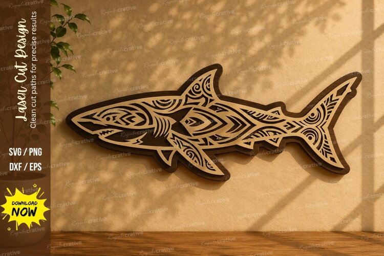Decorative Shark Laser Cut SVG Design decorative shark svg, example image 1