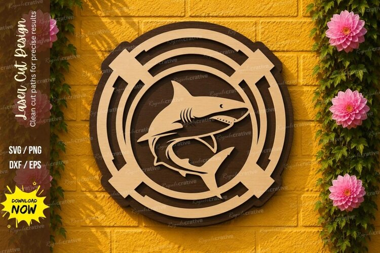 Layered Shark Emblem Laser Cut SVG Design layered shark svg, example image 1