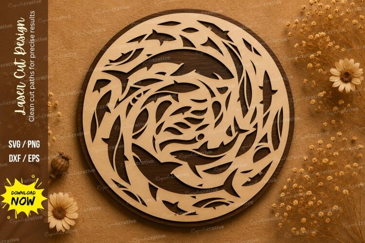 Mandala Shark Circle Laser Cut SVG Design mandala shark svg, example image 1