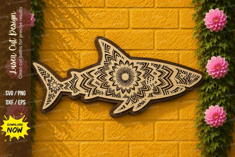 Decorative Mandala Shark Laser Cut SVG Design mandala shark