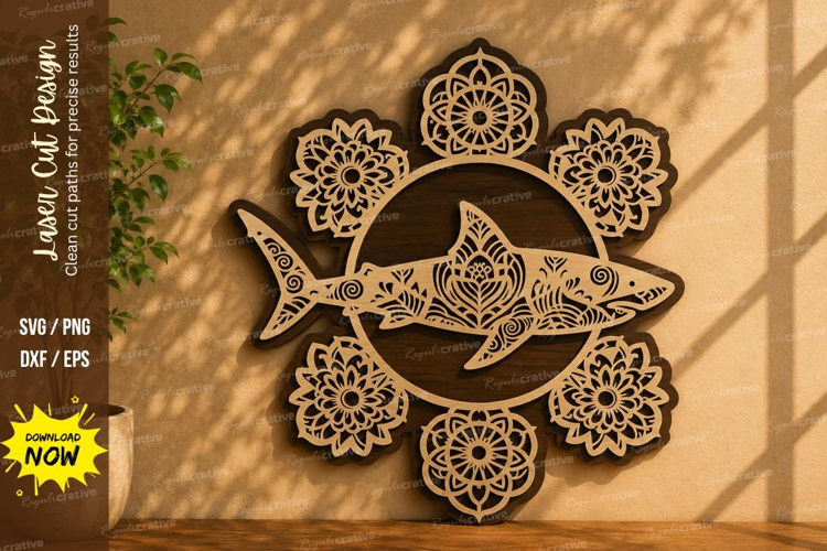 Mandala Shark Round Frame Laser Cut SVG Design mandala shark