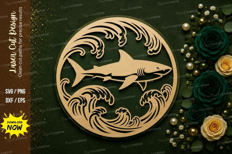 Shark Ocean Waves Round Laser Cut SVG Design shark wave svg,