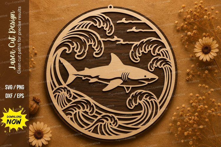 Round Shark Ocean Scene Laser Cut SVG Design round shark las
