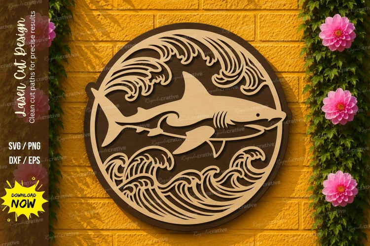 Shark Ocean Waves Frame Laser Cut SVG Design shark ocean wav