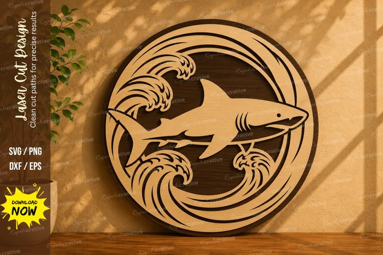 Round Shark Wave Frame Laser Cut SVG Design round shark svg