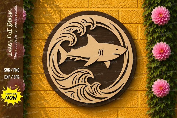 Ocean Wave Shark Circle Laser Cut SVG Design ocean shark svg