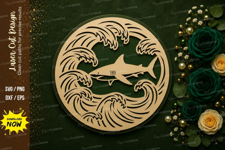 Round Ocean Shark Laser Cut SVG Design round shark laser cut
