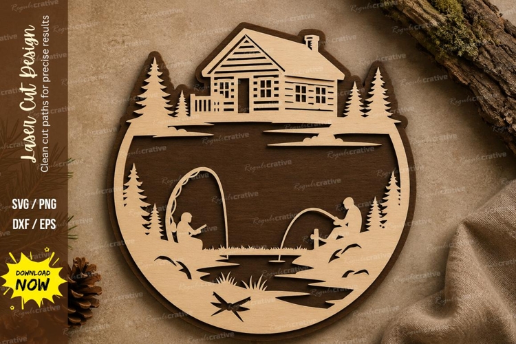 Lakeside Cabin Landscape Laser Cut SVG Design cabin lake svg