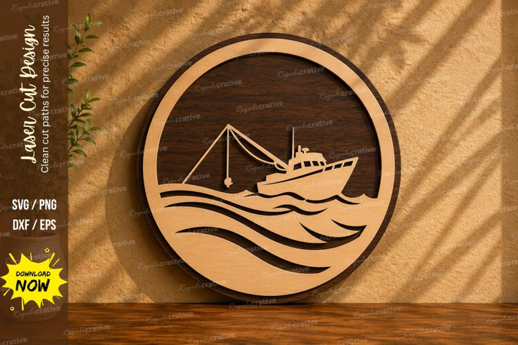 Fishing Boat Round Laser Cut SVG Design fishing boat svg,