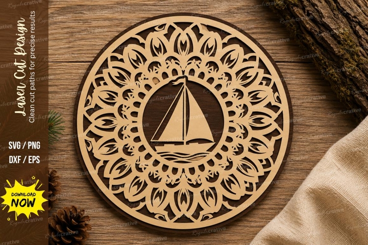 Sailboat Mandala Round Laser Cut SVG Design sailboat mandala