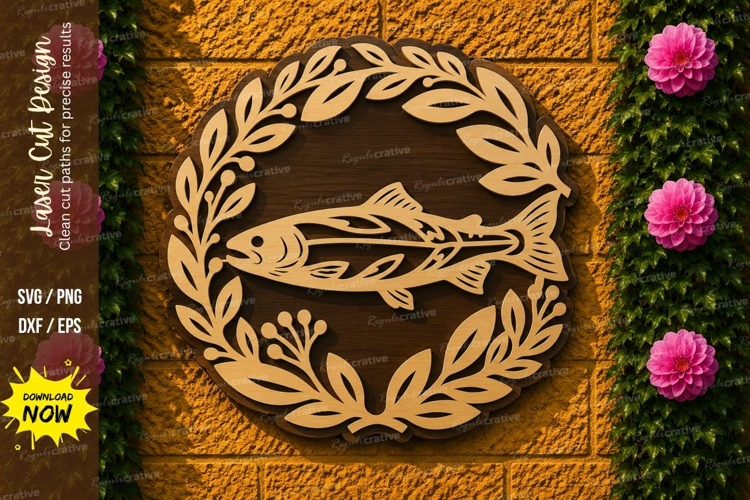 Fish Laurel Wreath Laser Cut SVG Design fish wreath svg