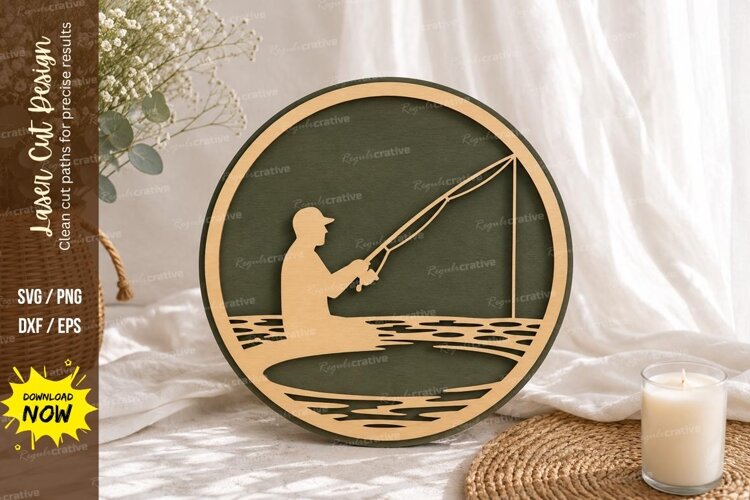 Peaceful Fishing Scene Round Laser Cut SVG Design fishing sv example image 1
