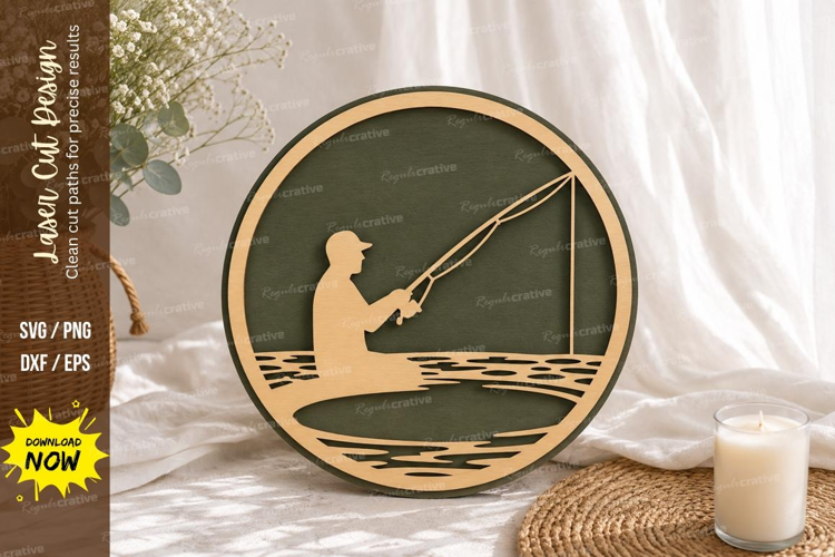 Peaceful Fishing Scene Round Laser Cut SVG Design fishing sv