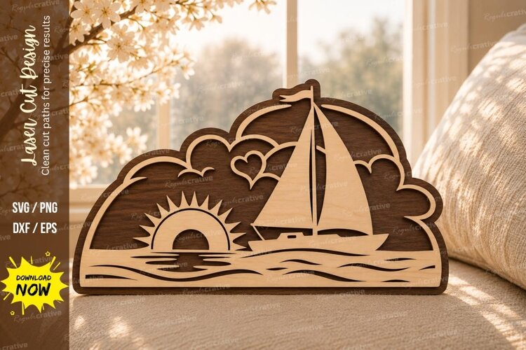 Sailboat Sunset Scene Laser Cut SVG Design sailboat sunset example image 1