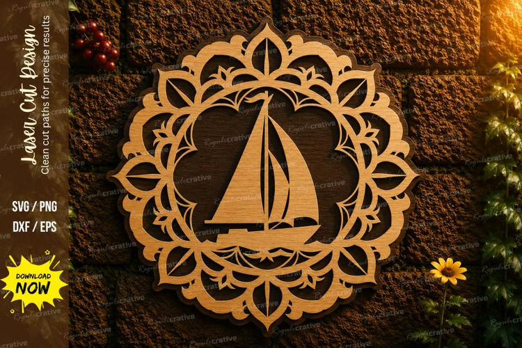 Mandala Sailboat Round Laser Cut SVG Design mandala sailboat