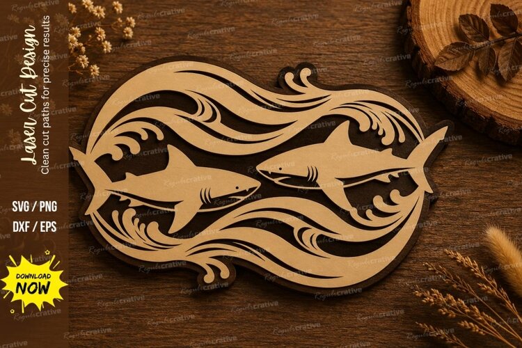 Twin Sharks Wave Laser Cut SVG Design shark svg, twin sharks example image 1