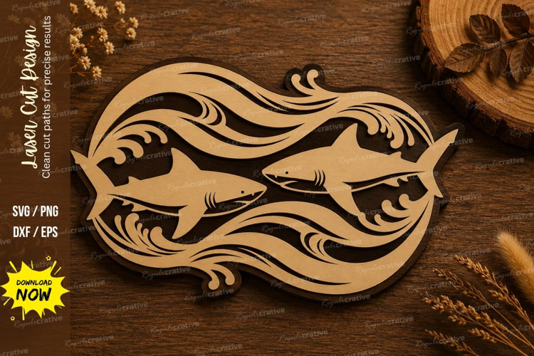 Twin Sharks Wave Laser Cut SVG Design shark svg, twin sharks