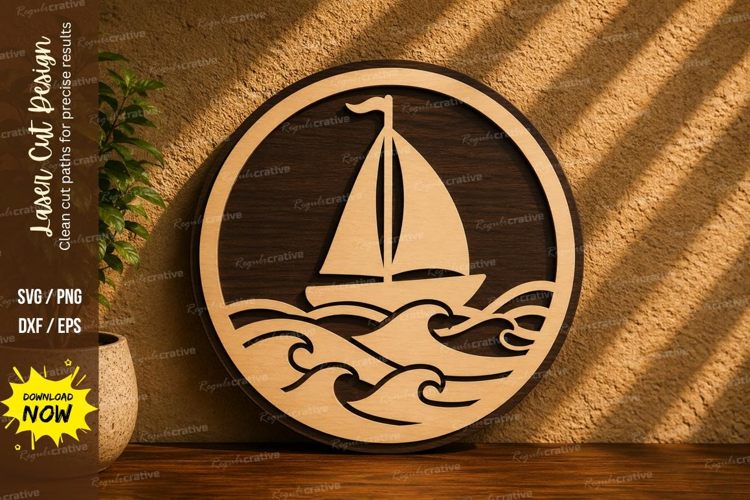 Sailboat Waves Round Laser Cut SVG Design sailboat svg