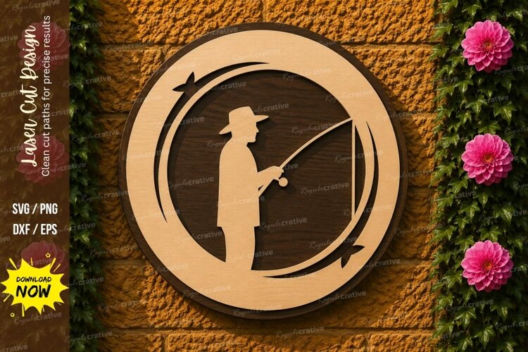 Fishing Angler Round Sign Laser Cut SVG Design fishing angle example image 1
