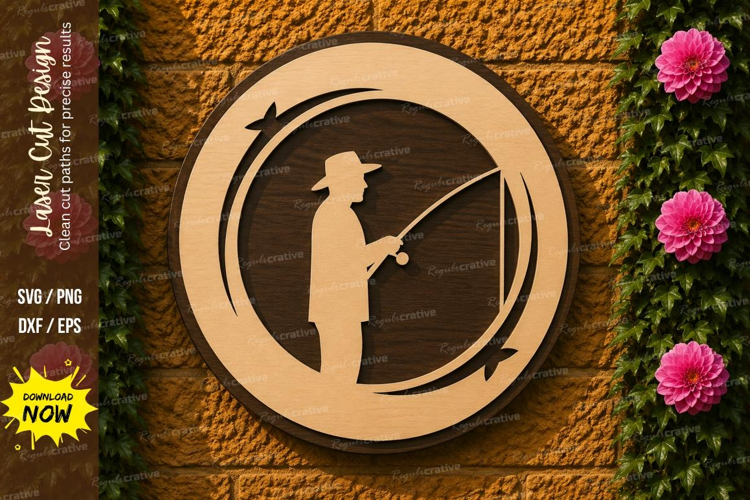 Fishing Angler Round Sign Laser Cut SVG Design fishing angle