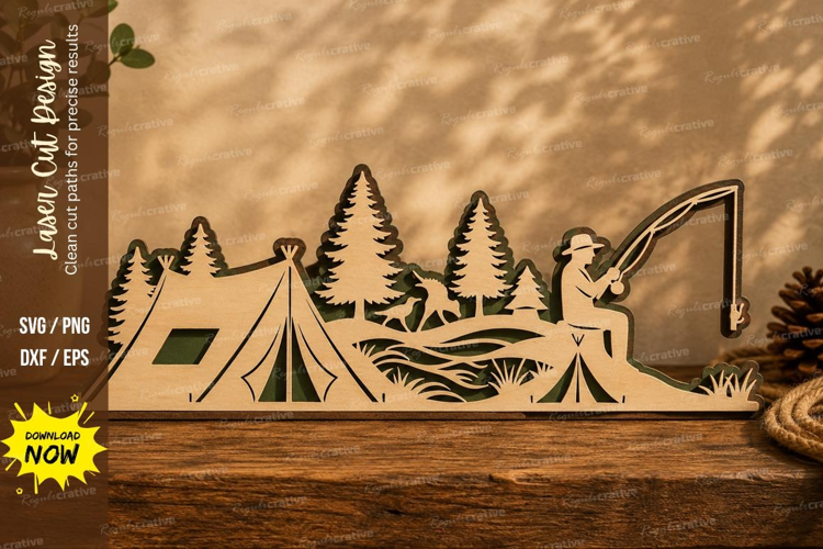 Camping and Fishing Scene Laser Cut SVG Design camping fishi