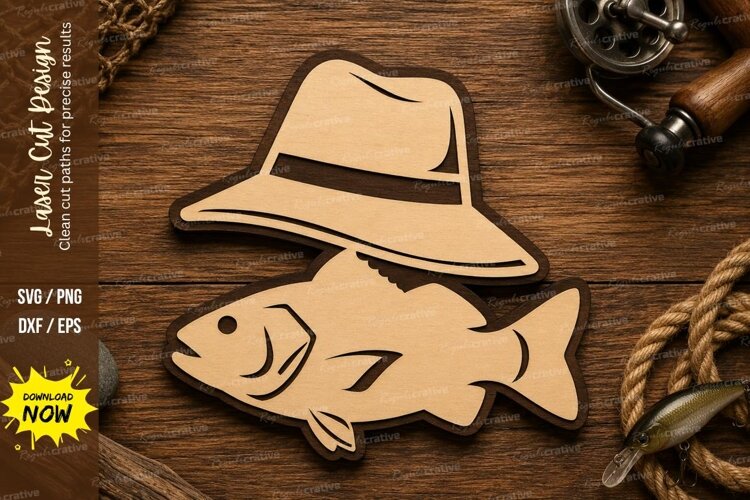 Fishing Hat and Fish Laser Cut SVG Design fishing hat svg, example image 1
