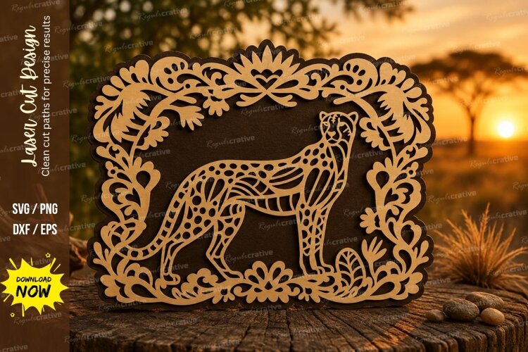 Leopard Floral Frame Laser Cut SVG Design leopard frame svg, example image 1
