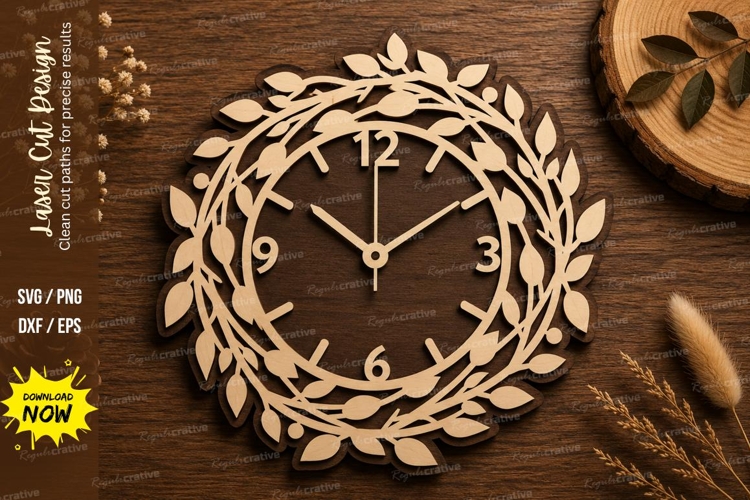 Leaf Wreath Clock Laser Cut SVG Design leaf clock svg, wreat