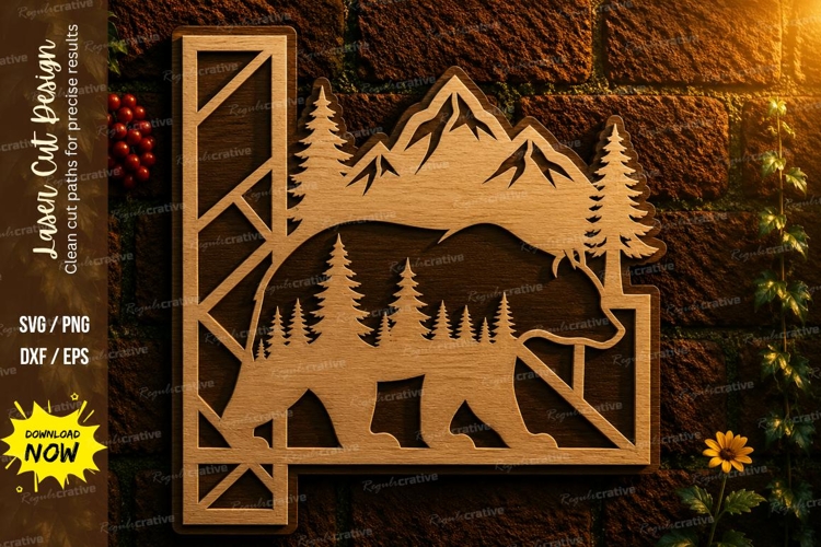 Mountain Bear Landscape Frame Laser Cut SVG Design mountain