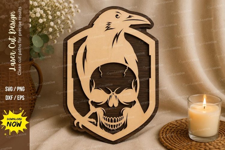 Raven Skull Shield Laser Cut SVG Design raven skull shield,