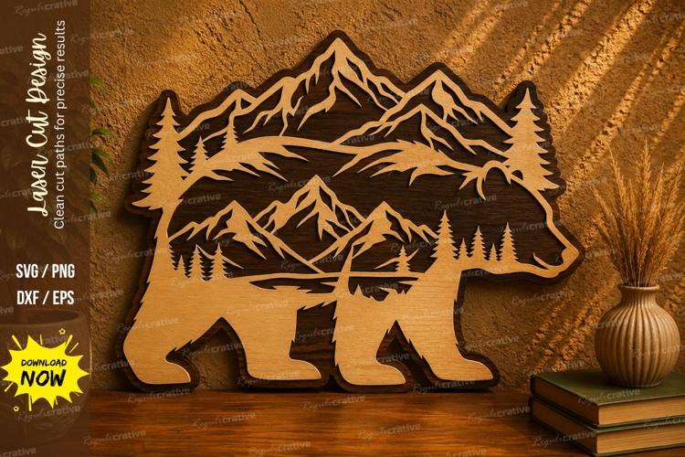 Mountain Bear Landscape Laser Cut SVG Design mountain bear