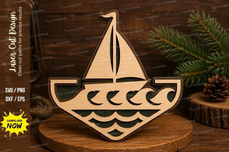 Sailboat on Waves Laser Cut SVG Design sailboat svg, sailboa example image 1