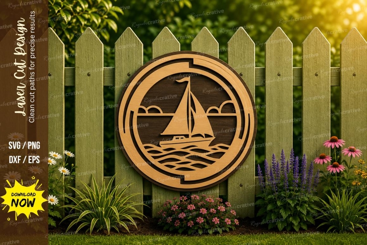 Sailboat Sunset Round Laser Cut SVG Design sailboat sunset example image 1