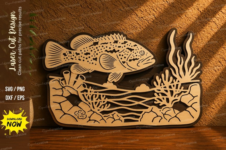 Bass Underwater Scene Laser Cut SVG Design bass fishing svg, example image 1