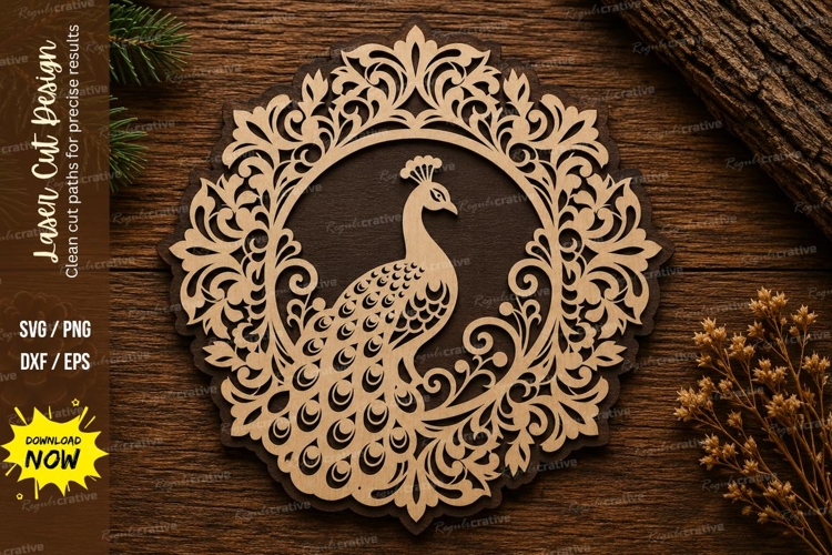 Peacock Floral Round Laser Cut SVG Design peacock svg, peaco example image 1