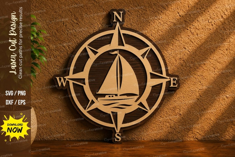 Compass Sailboat Laser Cut SVG Design compass rose svg, sail example image 1