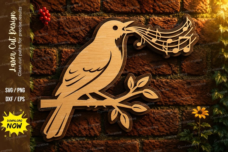 Singing Bird Music Laser Cut SVG Design bird svg, singing example image 1