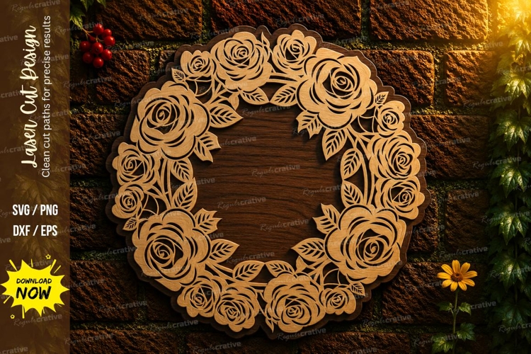 Rose Wreath Round Laser Cut SVG Design rose wreath svg, flor example image 1