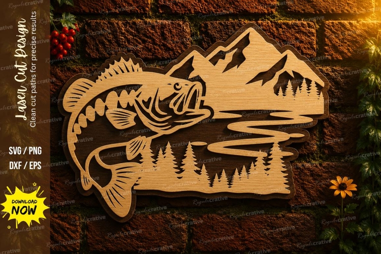 Mountain Trout Lake Laser Cut SVG Design trout svg, mountain example image 1
