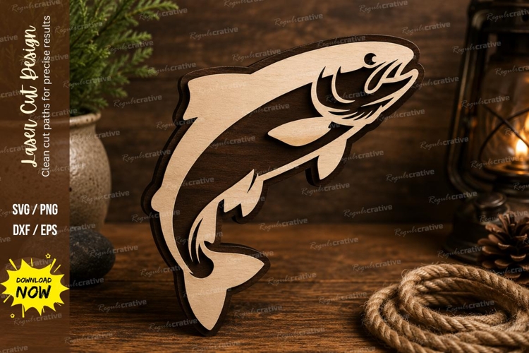 Jumping Salmon Laser Cut SVG Design salmon svg, jumping fish example image 1