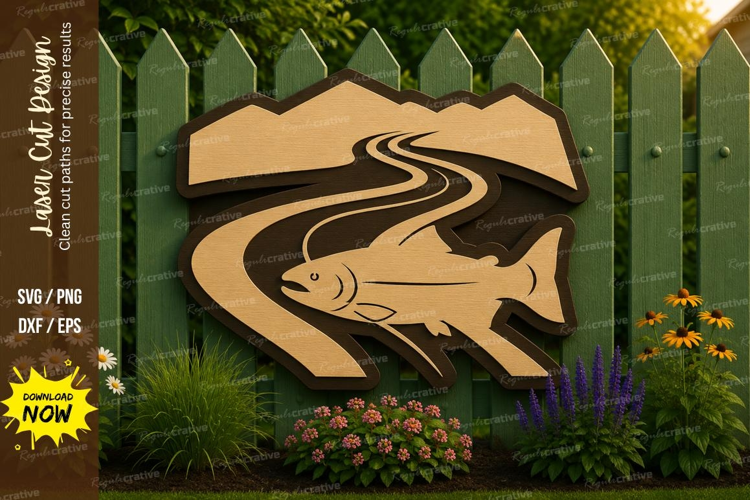 Fish Mountain Laser Cut SVG File fish mountain svg, trout mo