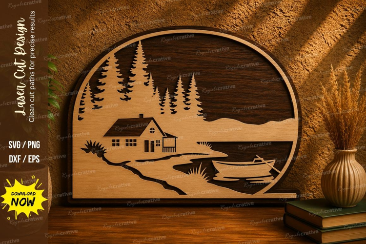 Lake Cabin Laser Cut SVG File lake cabin svg, cabin landscap