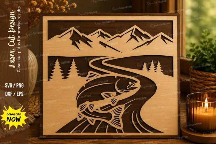 Mountain River Fish Laser Cut SVG File mountain river fish example image 1