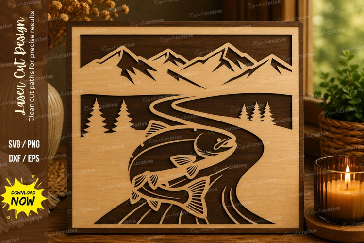 Mountain River Fish Laser Cut SVG File mountain river fish