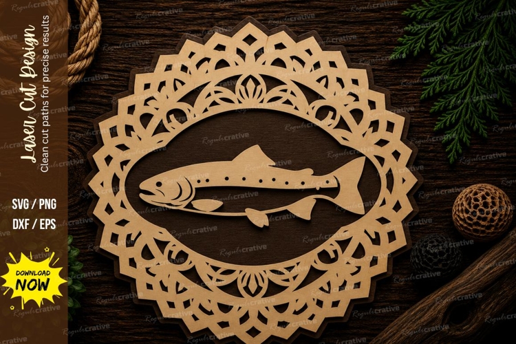 Trout Mandala Laser Cut SVG Design trout svg, fish mandala, example image 1