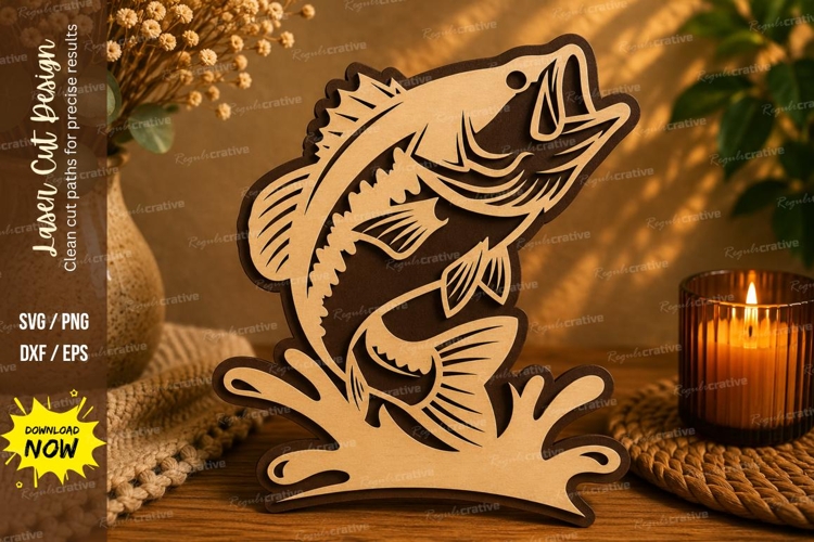 Jumping Bass Splash Laser Cut SVG Design bass fish svg, jump example image 1